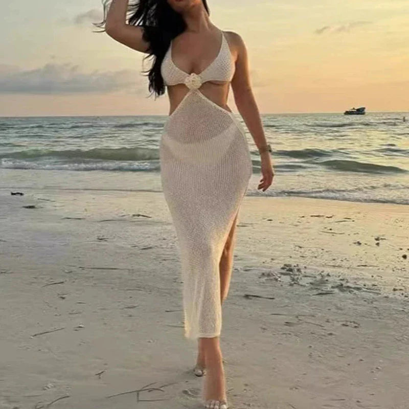 V Neck Hollow Knitted Beach Dress Bikini Set