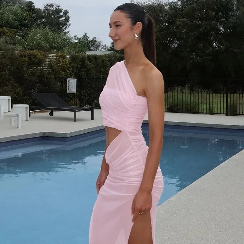 Mesh Backless One - Shoulder Long Dress - View 18