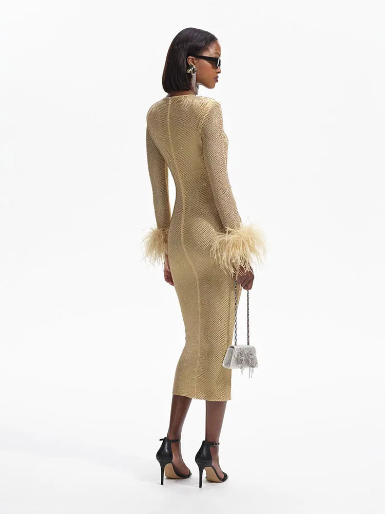 Feathers Rhinestone Folds Midi Dress - View 4