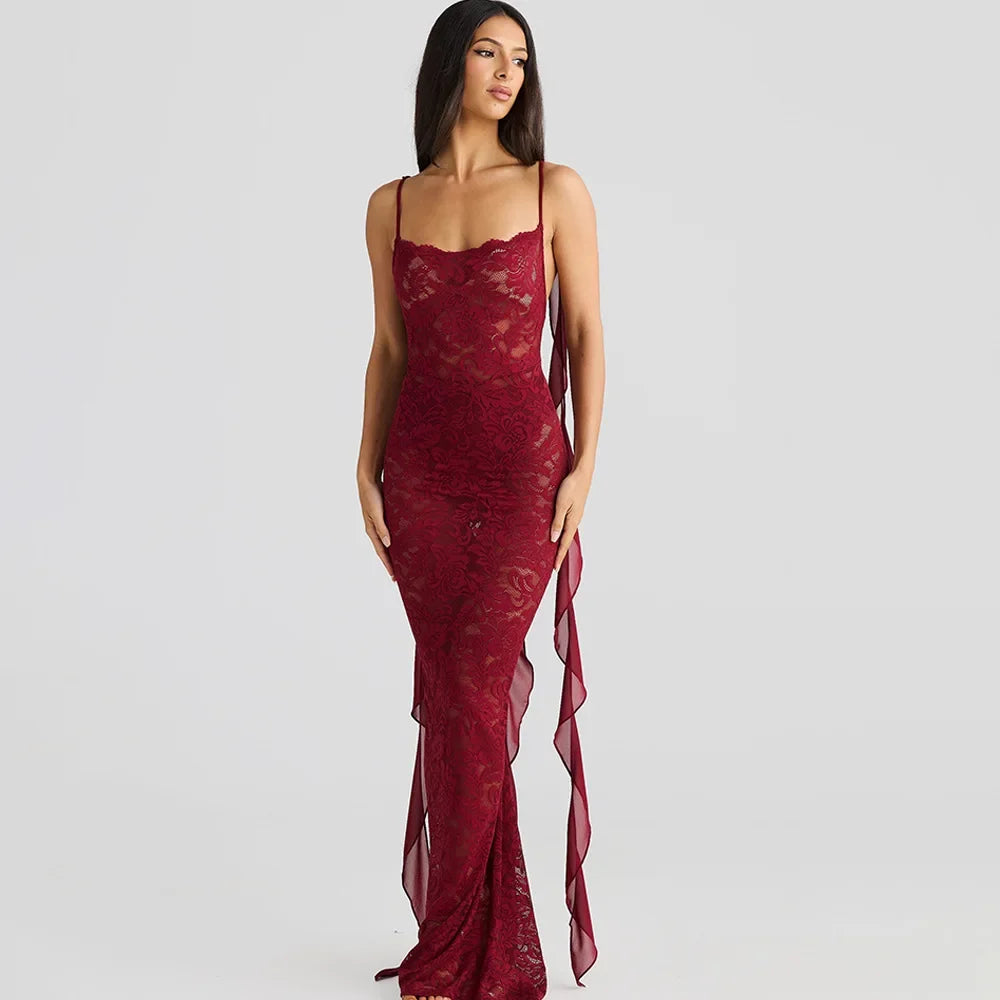 Lace Patchwork Backless Trailing Long Dress - View 7