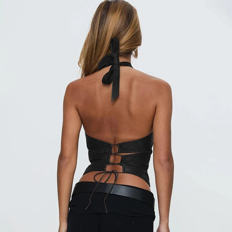 Vintage Halter Bandage Leather Backless Cami Top