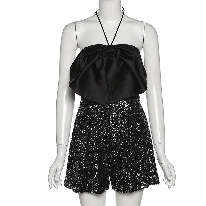 First Date Big Bow Sparkle Sequin Halter Jumpsuit