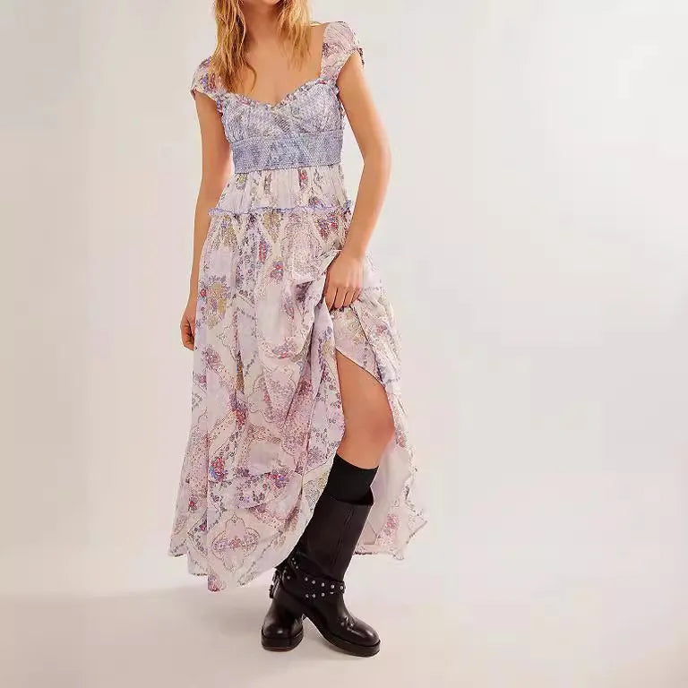 Printed Chiffon Short Sleeve A-line Boho Dress
