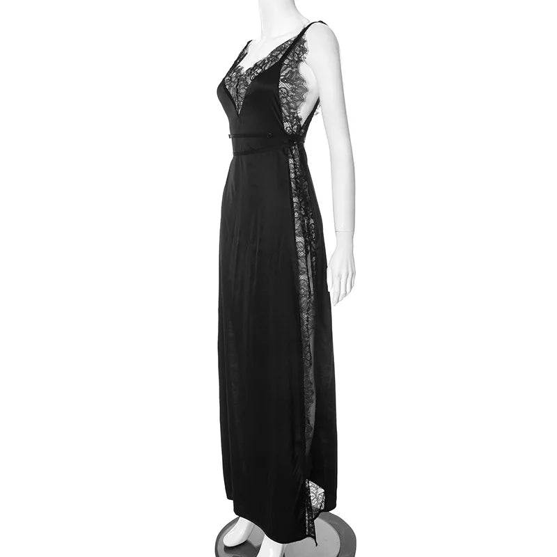 Lace Satin Patchwork High Split Maxi Dress - View 13