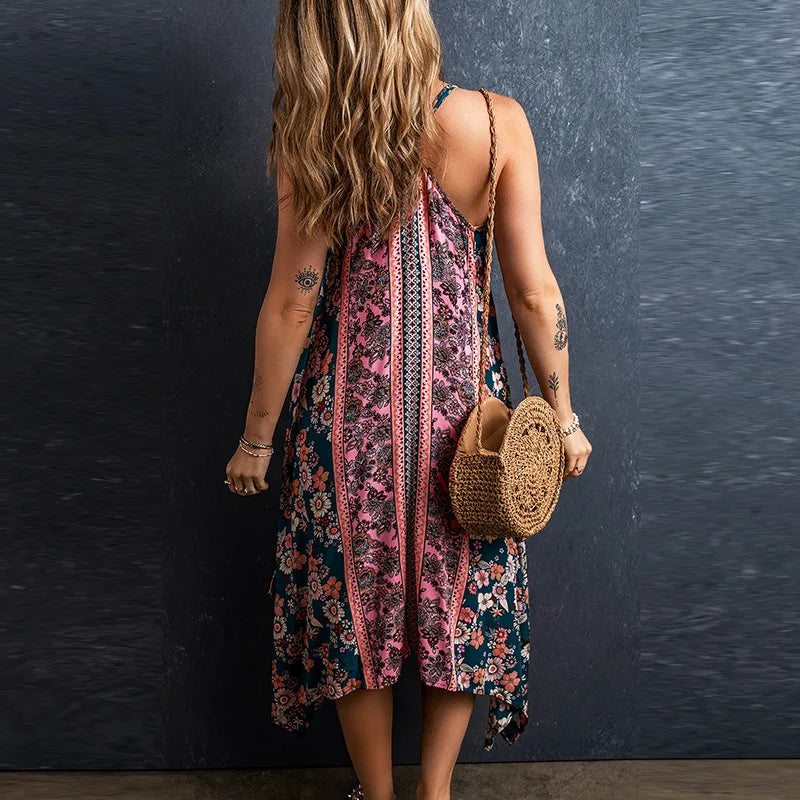 Floral Print V-Neck Spaghetti Strap Handkerchief Maxi Dress 3