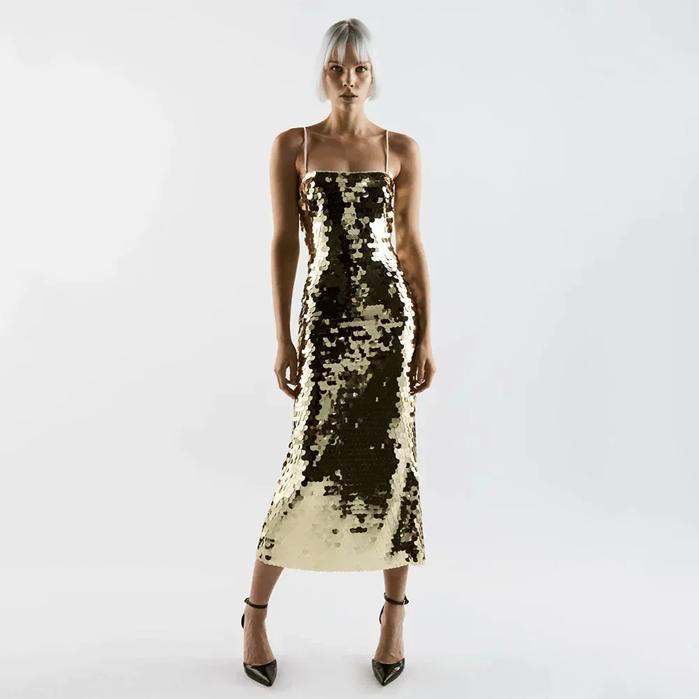 Sequin Spaghetti Strap Asymmetric Fringe Hem Bodycon Midi Dress - View 2