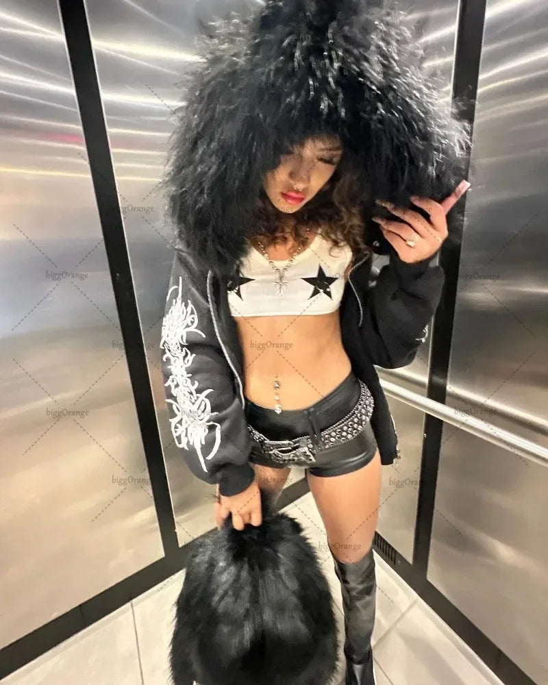 Dark Plush Furry Zip Hoodie