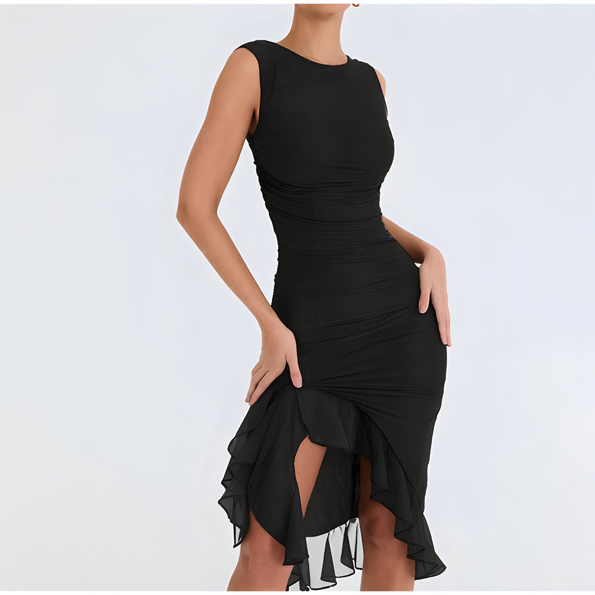 Ruched Crew Neck Sleeveless High Low Ruffle Hem Midi Dress