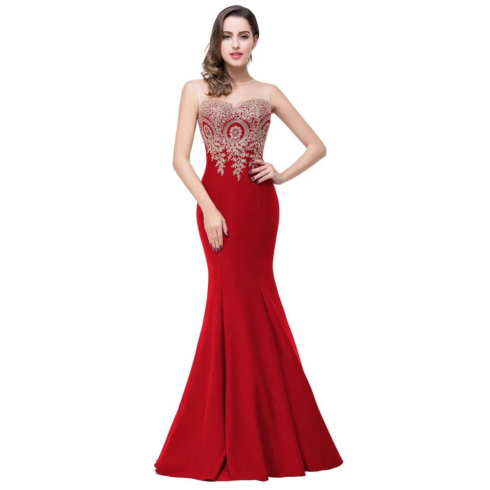Elegant Red Maxi Dress with Gold Appliques for Formal Events