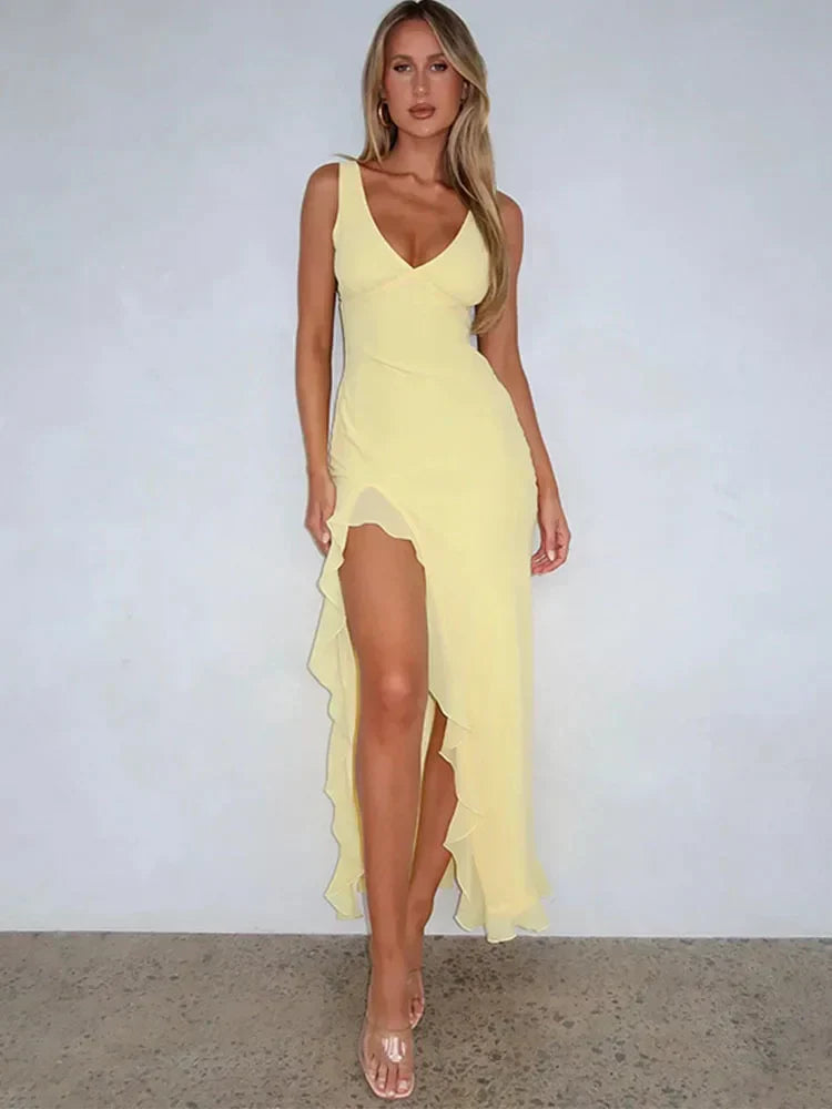 Ruffle High Split Evening Midi Dress