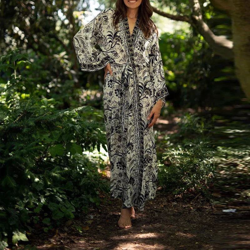 Retro Floral V-Neck Beach Cover Up