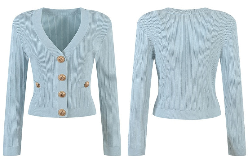 Orro Shop Elegant V-neck Knit Cardigan with Gold Buttons