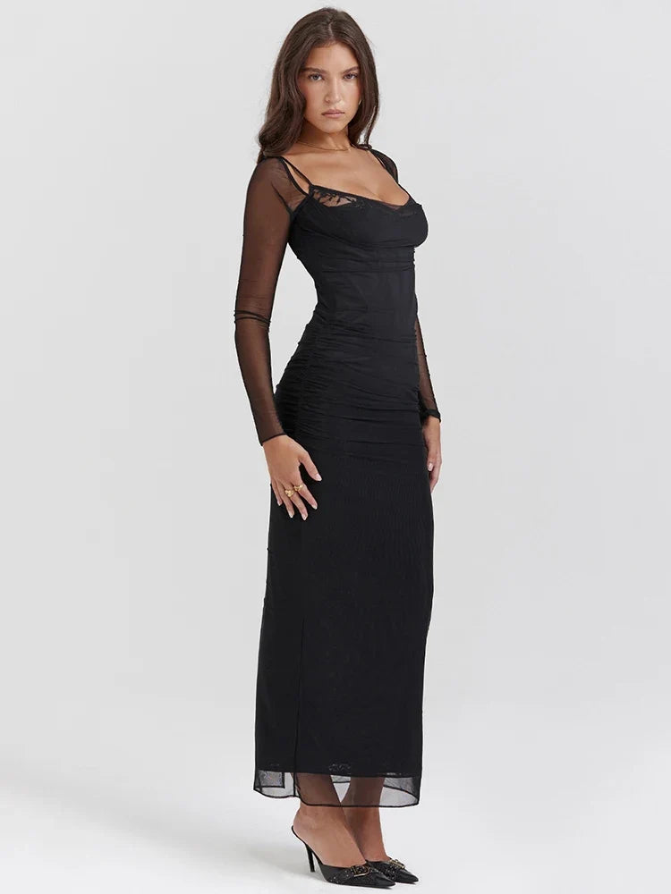 Mesh Long-Sleeve Lace-Trim Ruched Bodycon Maxi Dress 3
