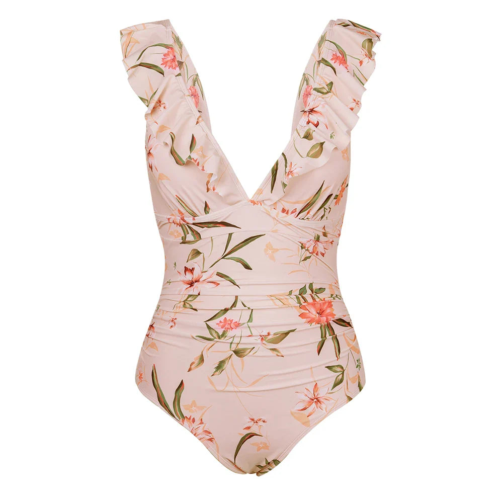 Ruffled V-neck Lace Up Monokini One Piece Set