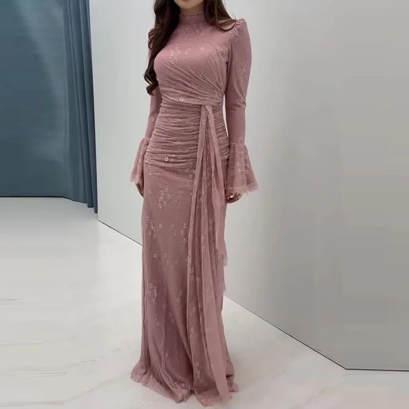 Elegant Turtleneck Lace Embroidery Long Sleeve Dress