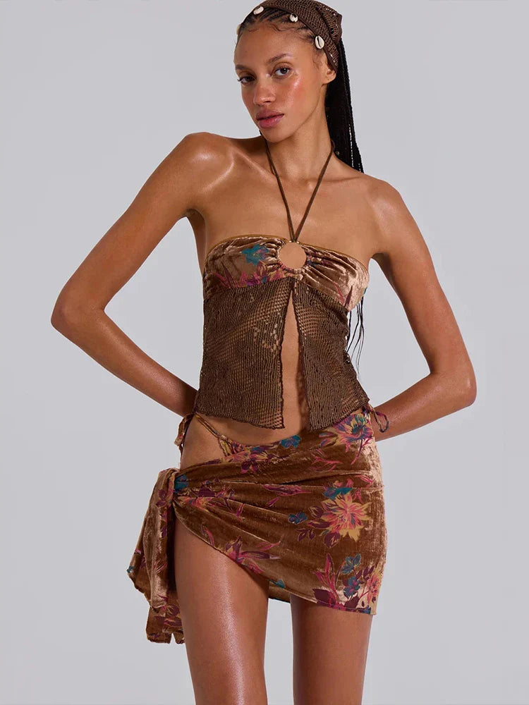 Vintage Patchwork Halter Split Crop Three Piece Swim Sets - Fashionpara