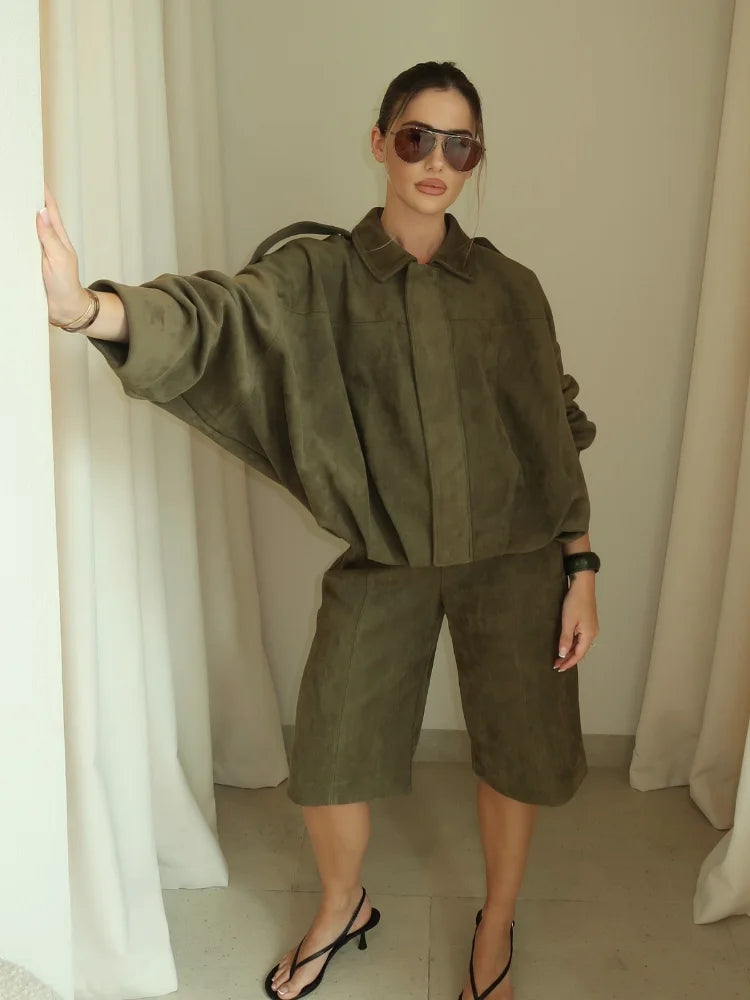 Green Suede Zipper Bomber Coat