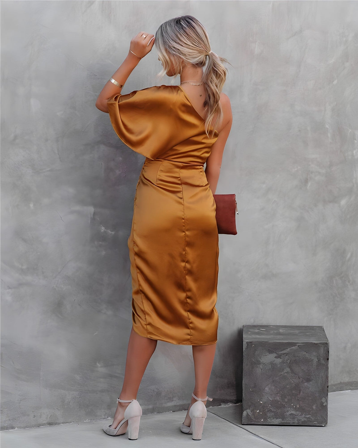 Satin One Shoulder Ruched Wrap High Split Mini Party Dress - View 19