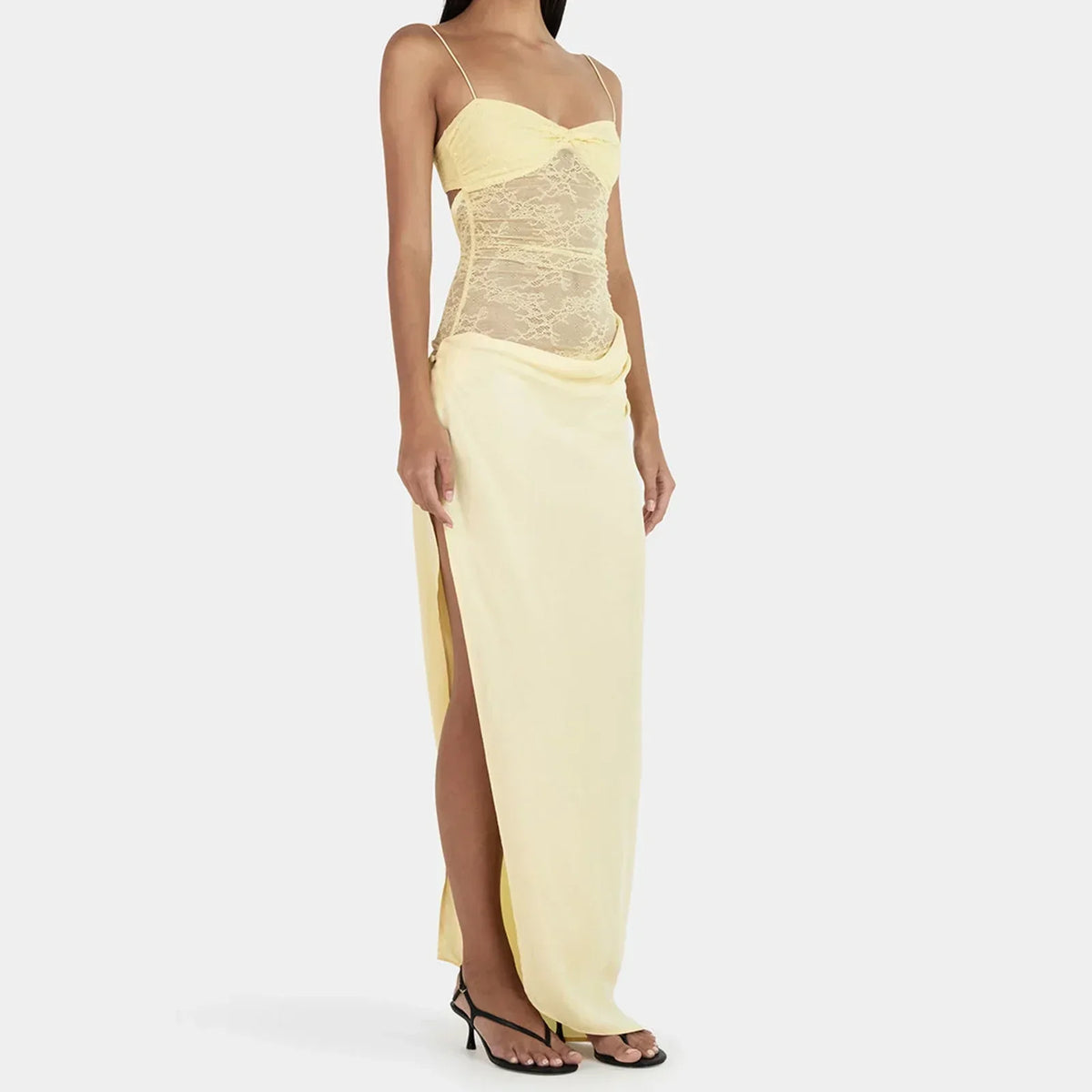 Lace Sweetheart Spaghetti Strap Sheer High Split Slip Maxi Dress - View 6