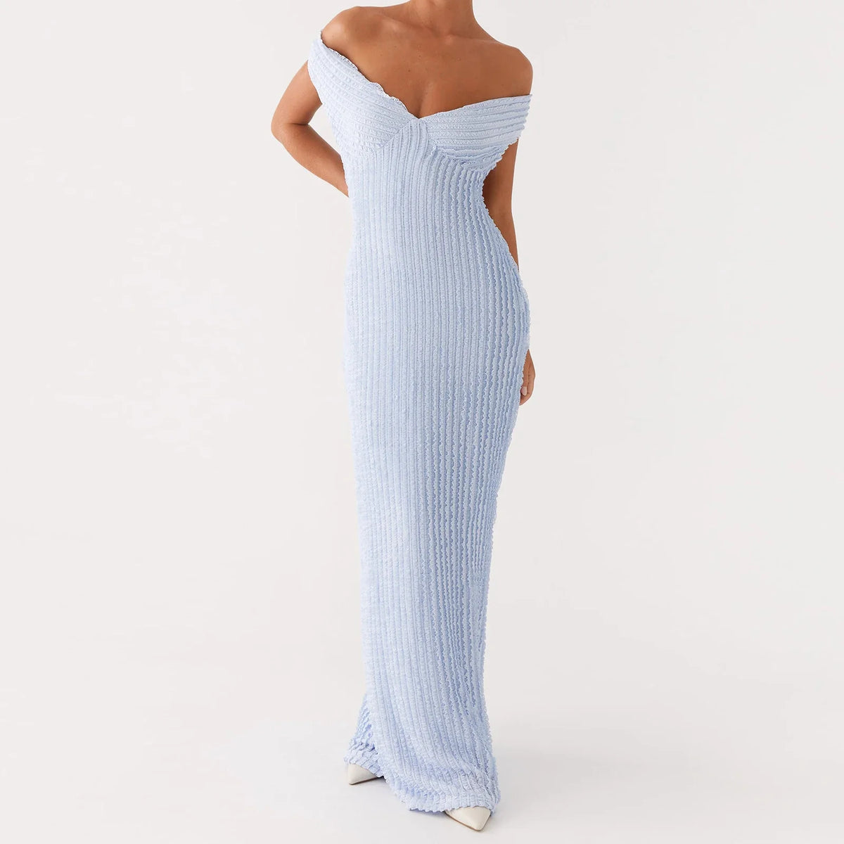 Textured Waffle Knit Off-Shoulder Mermaid Gown 5