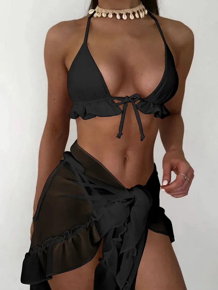 With Mesh Sarong Halter Ruffled Bikini Set - Fashionpara