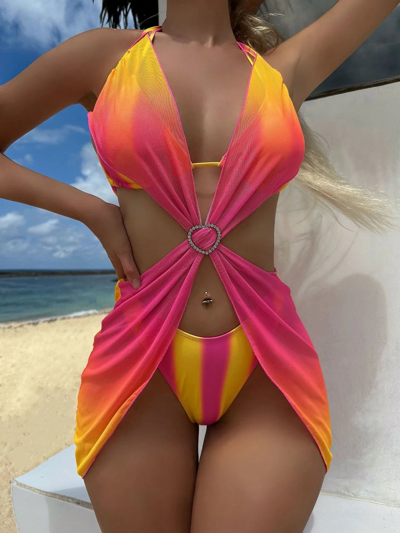 Gradient Mesh Skirt Summer Sexy Three Piece Swim Sets - Fashionpara