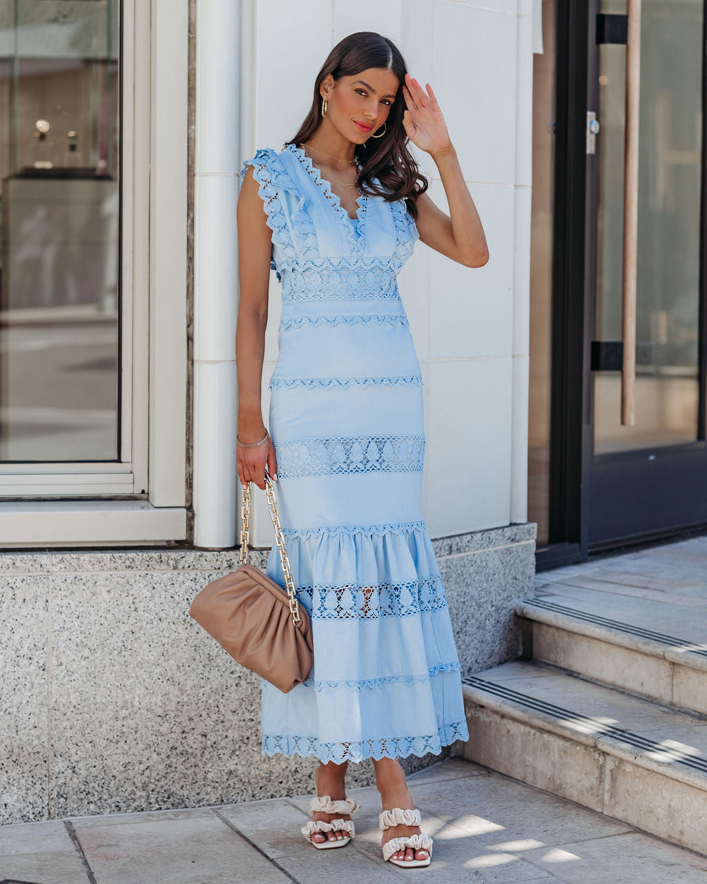 Sacha Cotton Linen Crochet Tiered Midi Dress