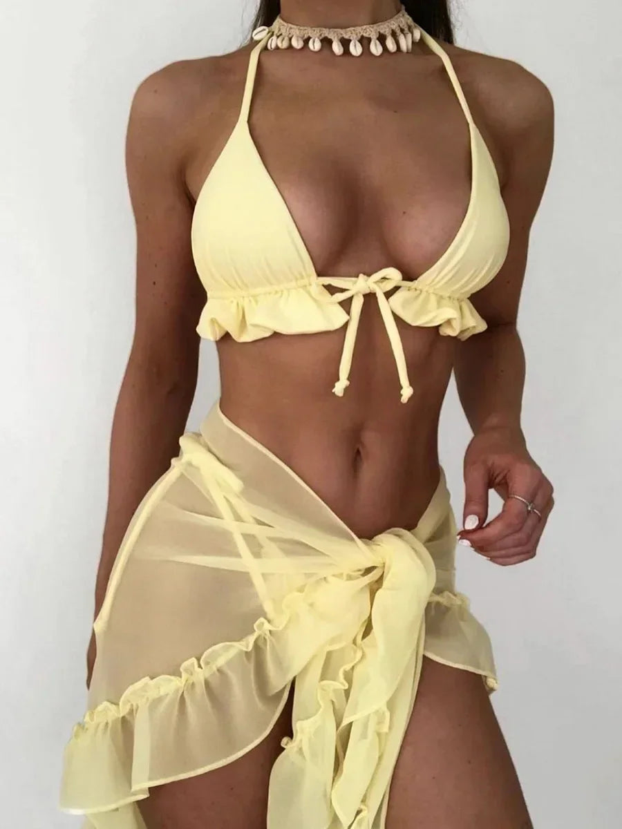 With Mesh Sarong Halter Ruffled Bikini Set - Fashionpara