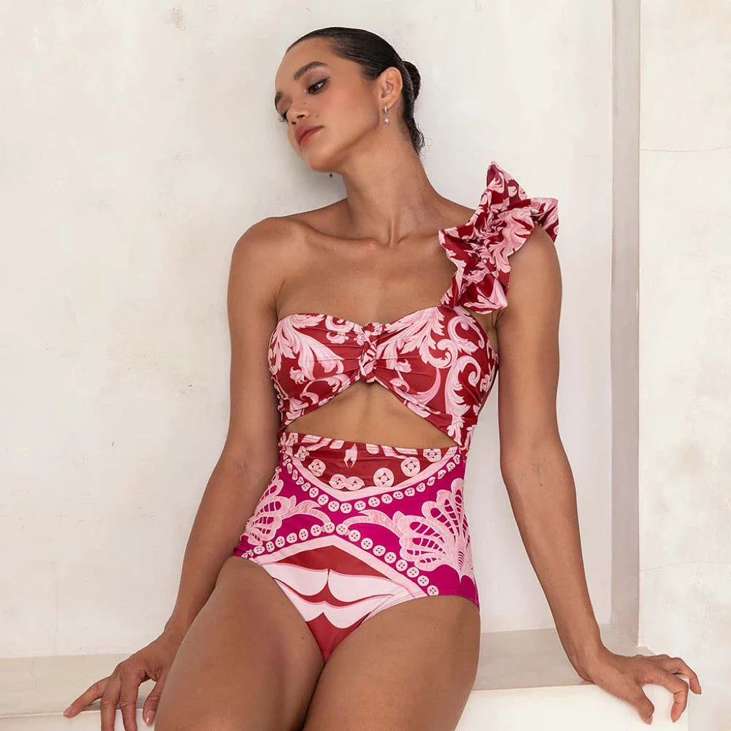 One Shoulder Print Pants Two Piece Set