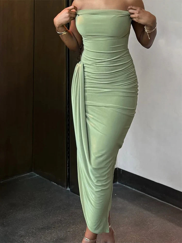 Ruched Off Shoulder Slim Midi Dress