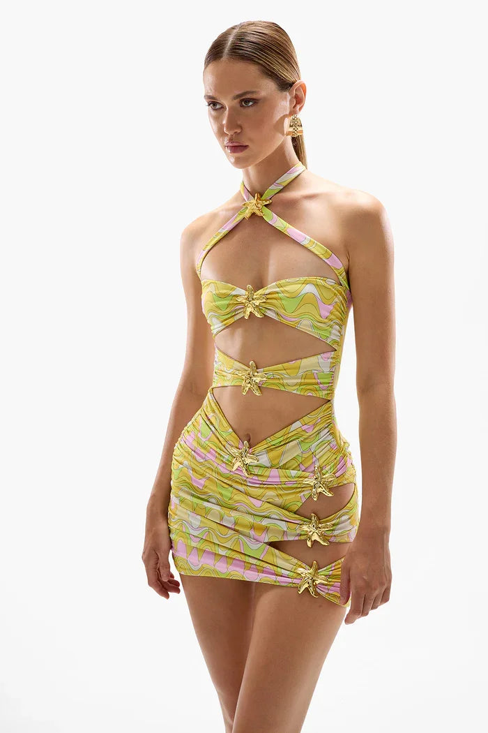 Halter Cutout Skirt Swim Two Piece Set