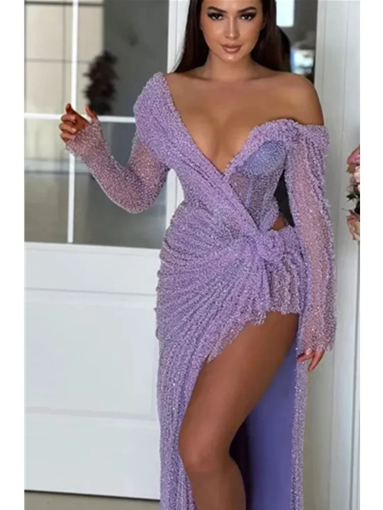 Off - Shoulder Long Sleeve Asymmetric Mesh Dress - View 2