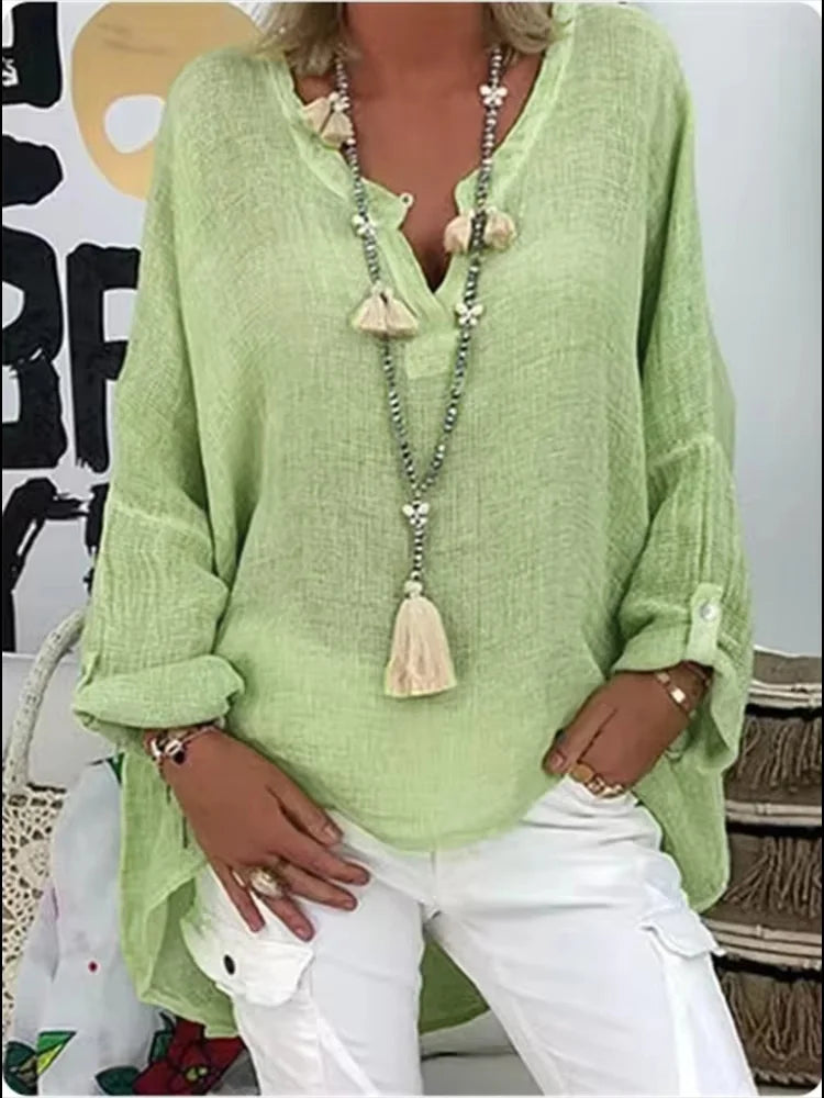 Notch Neck Long Sleeve Oversized Linen Blouse 5