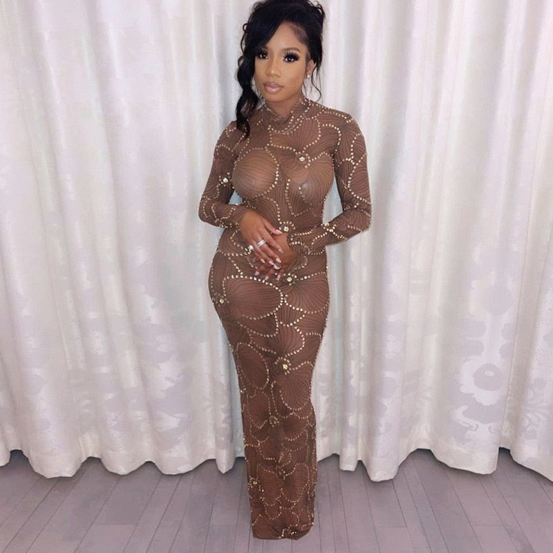 Embellished High Neck Long Sleeve Bodycon Maxi Dress