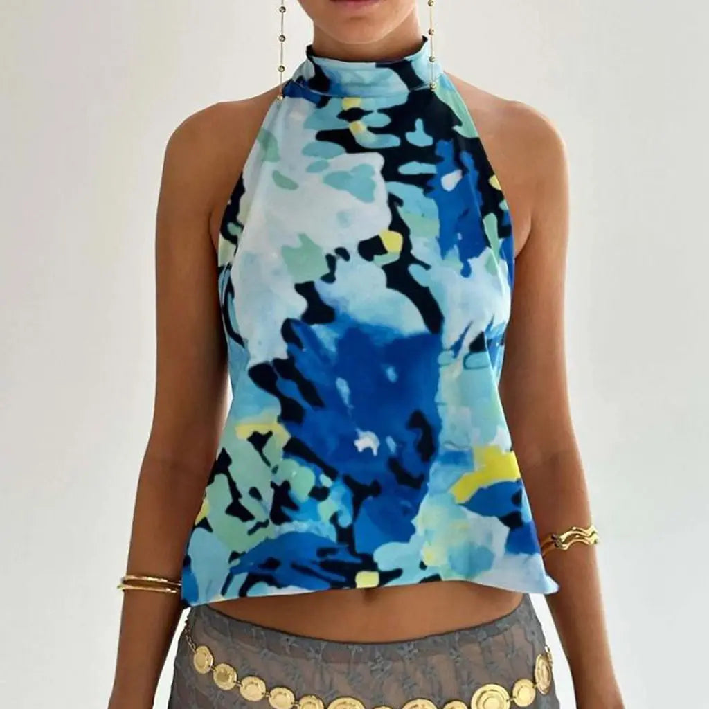 Y2K Button Closure Halter Backless Tie-Dye Cami Top - Fashionpara