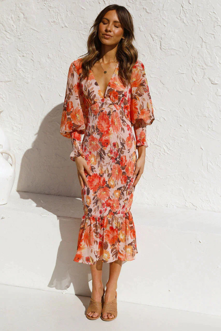 Linen Blend V-Neck Short Sleeve Summer Midi Dress - View 8