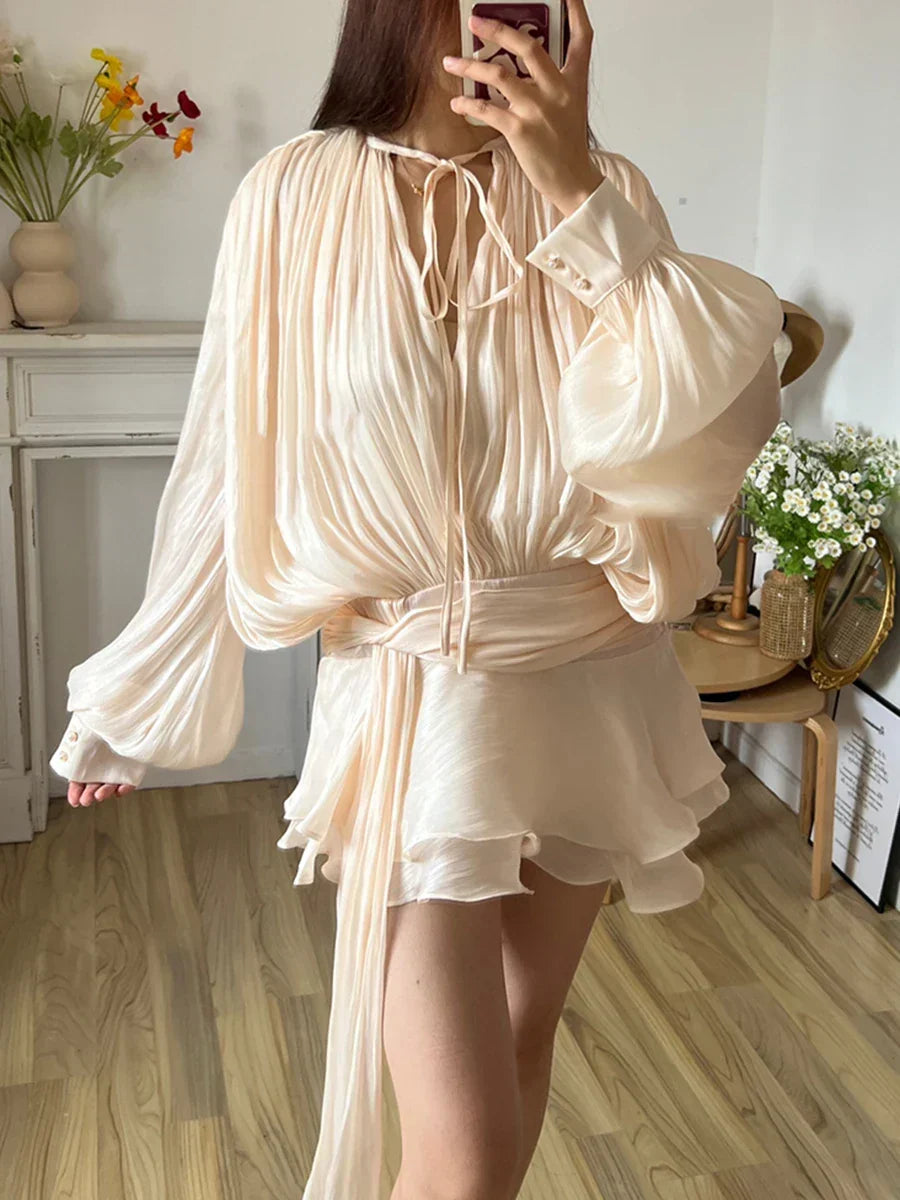 Lace Up V Neck Sweet Style Mini Dress - View 3