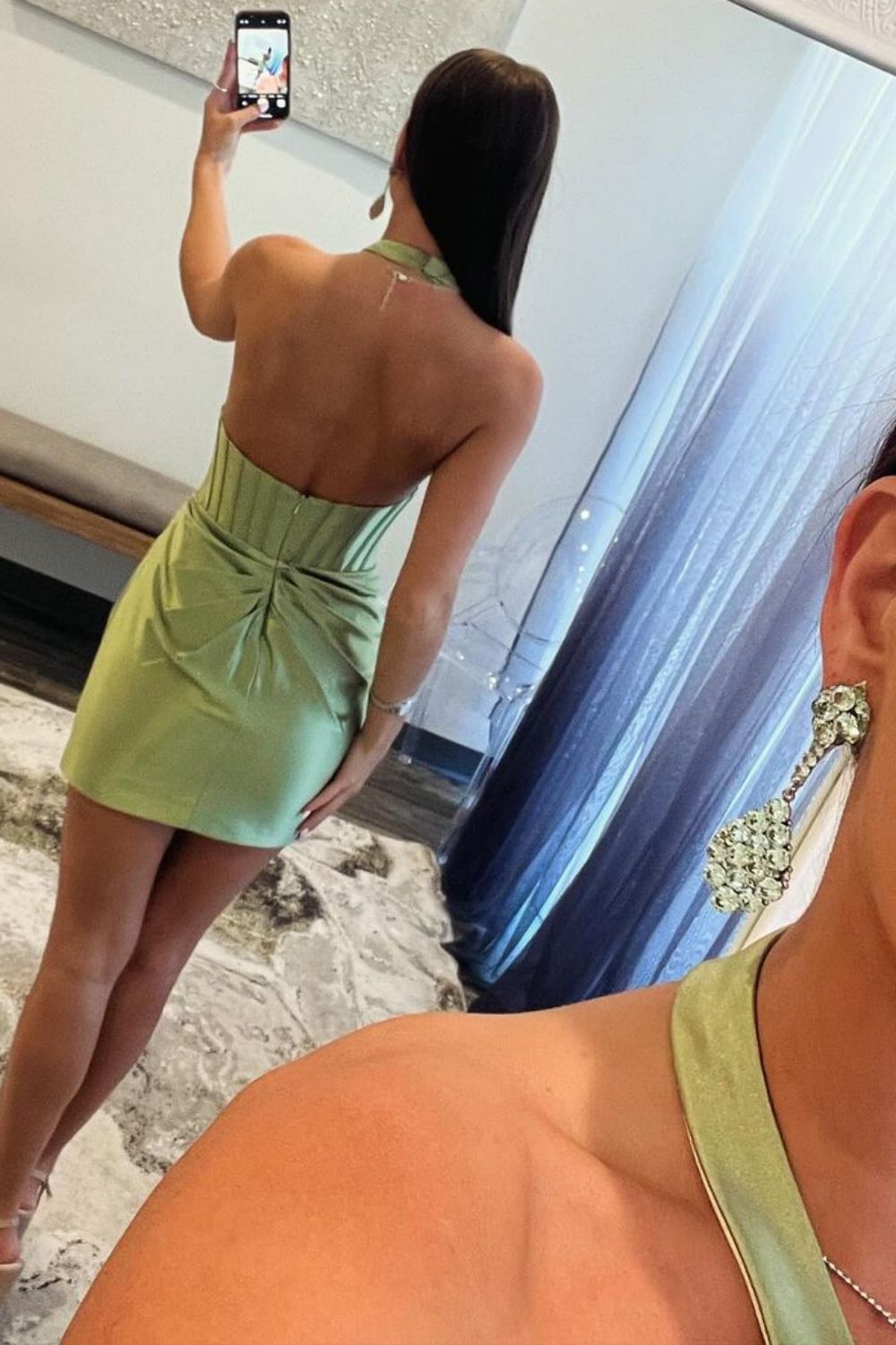 Sage Green Mermaid Halter Neck Short Satin Homecoming Dress - Fashionpara