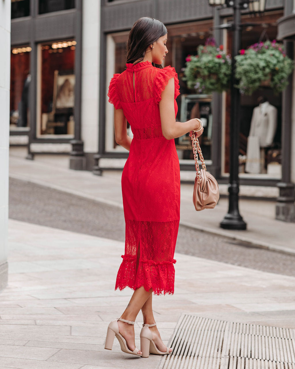 Lace High Neck Cap Sleeve Mermaid Midi Dress