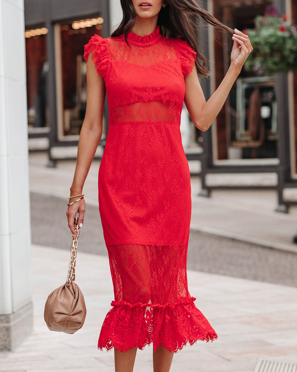 Lace High Neck Cap Sleeve Mermaid Midi Dress