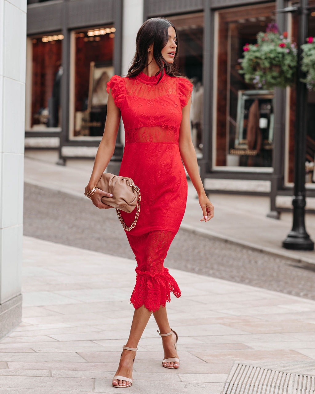 Lace High Neck Cap Sleeve Mermaid Midi Dress