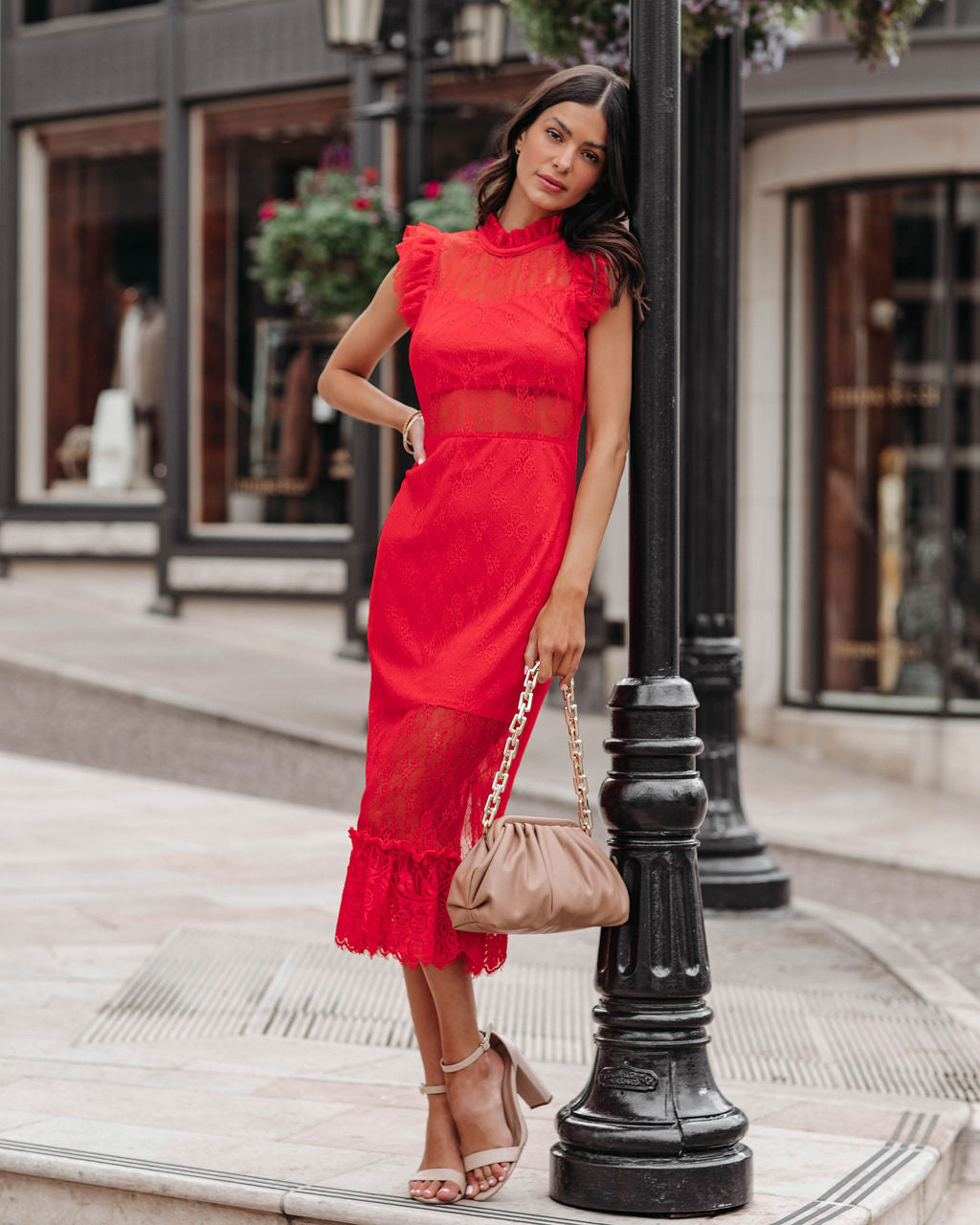 Lace High Neck Cap Sleeve Mermaid Midi Dress