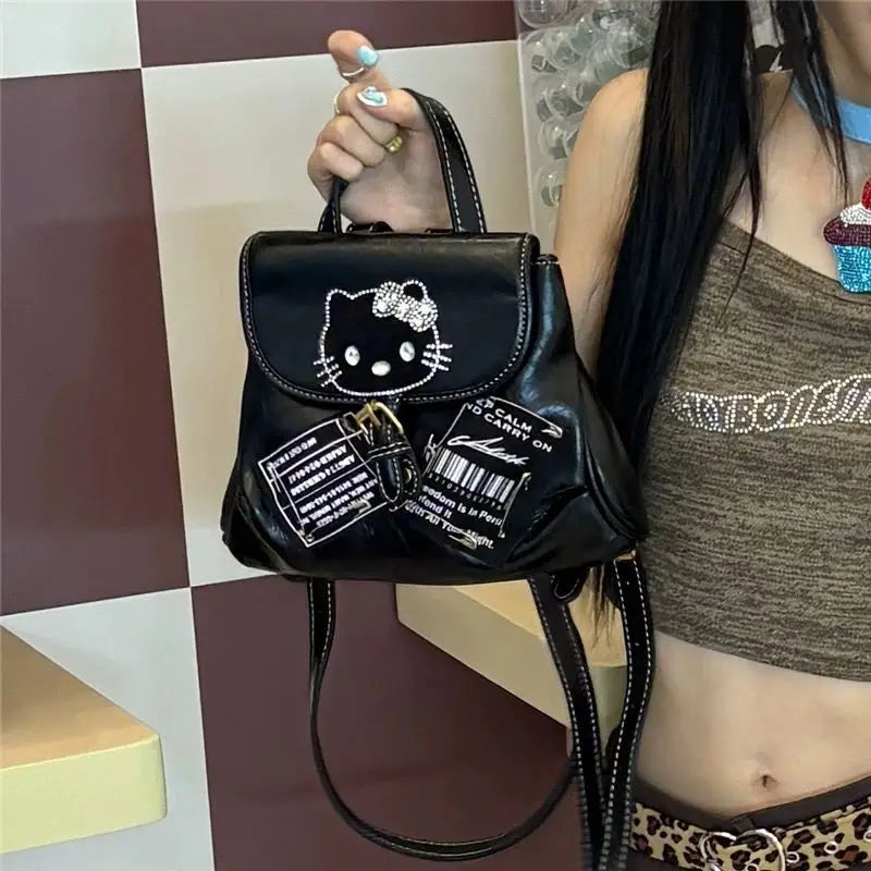 Hello Kitty Mini Backpack Sweet Cool Y2K Spicy Girl Korean Style Casual Bag Black Halloween