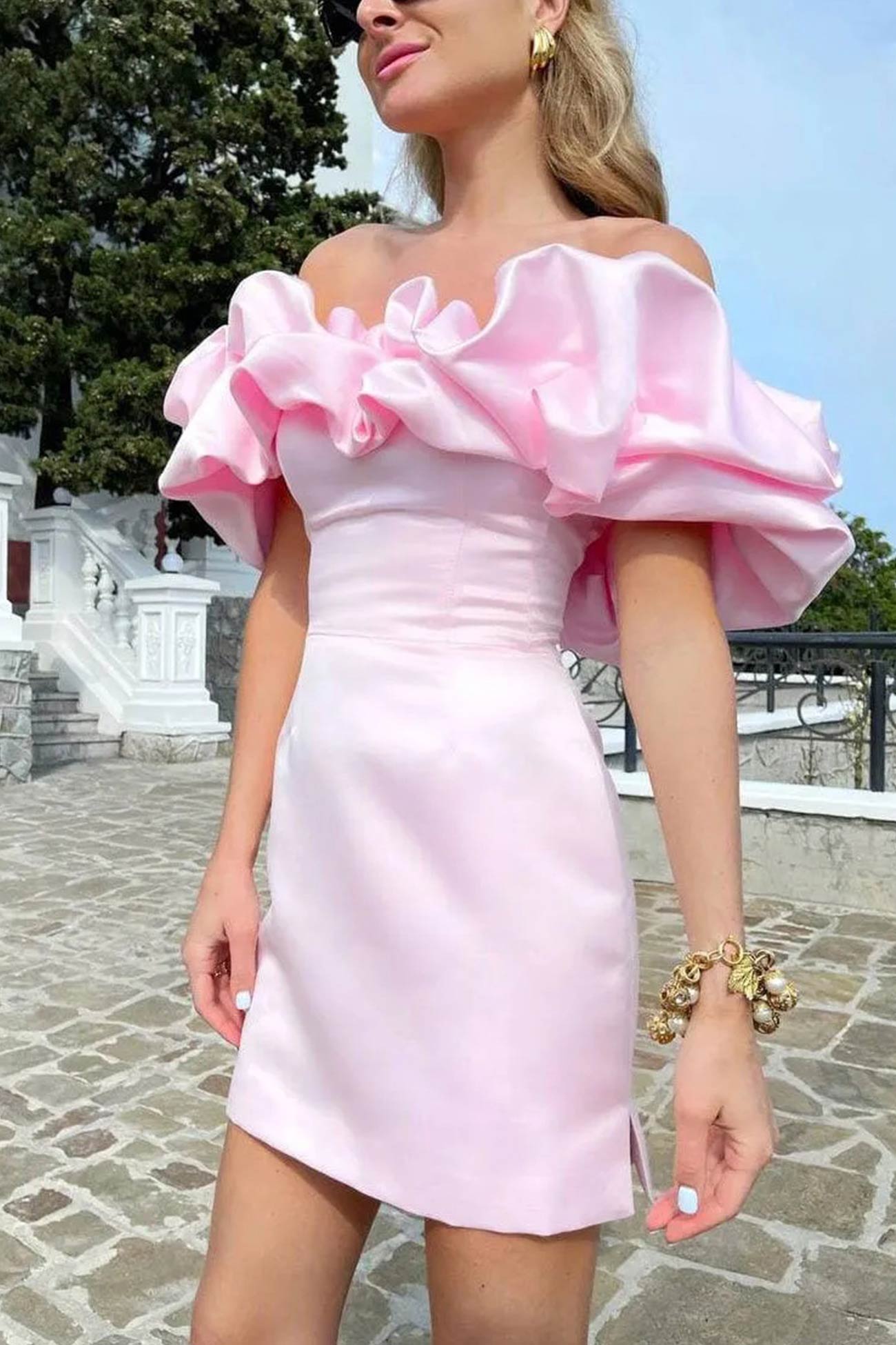 Satin Shirring Strapless Mini Dress