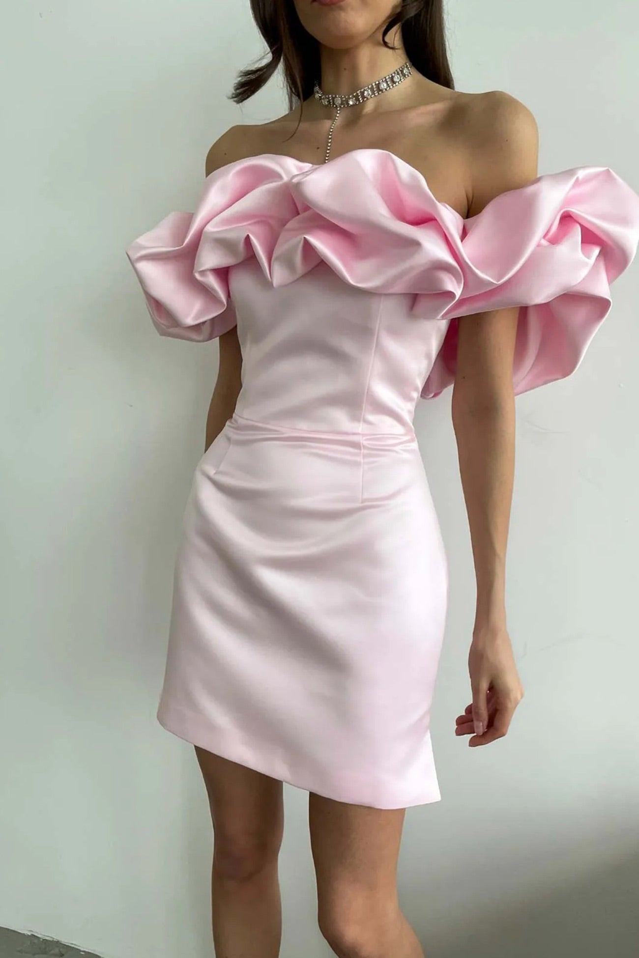 Satin Shirring Strapless Mini Dress