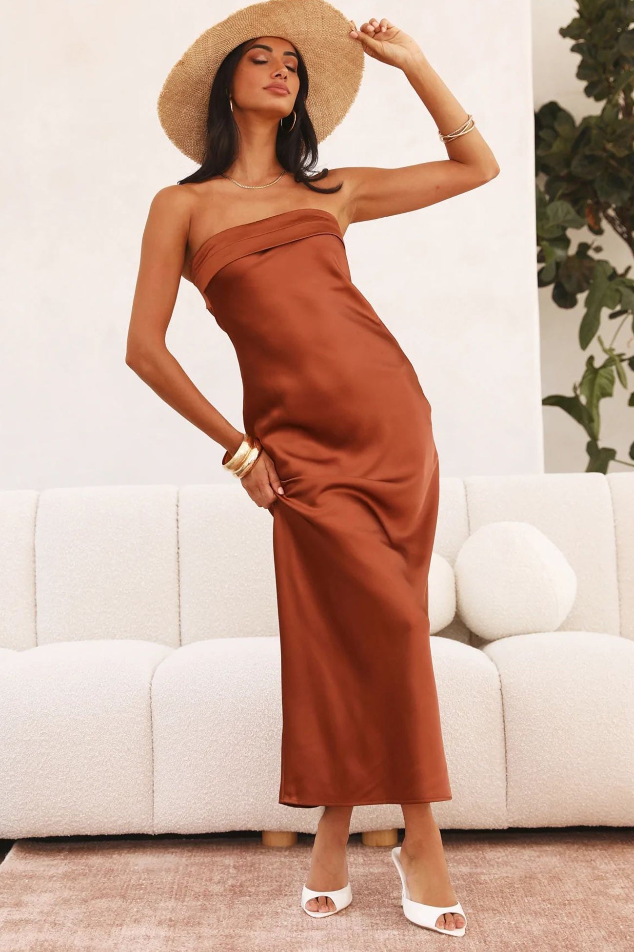 Satin Solid Color Strapless Midi Dress