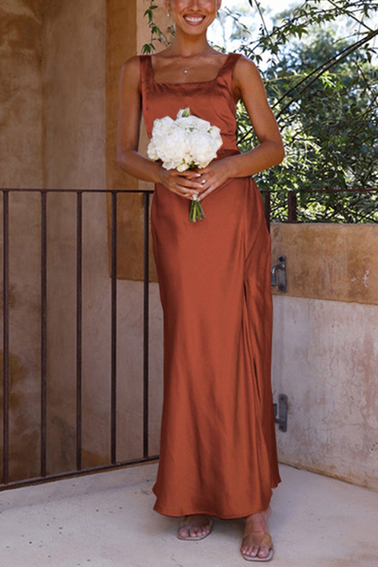 Satin Square Neck Slit Maxi Dress