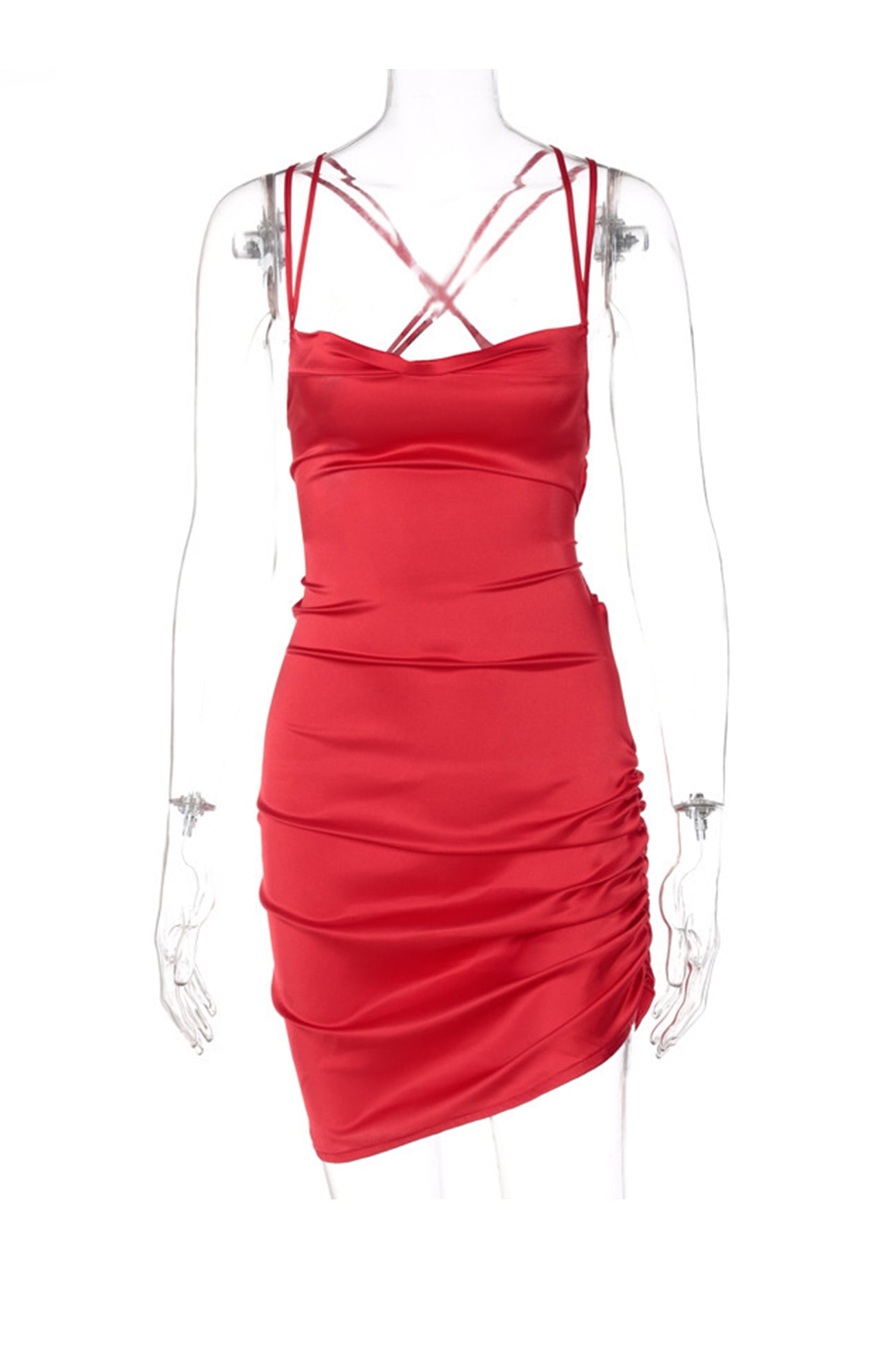 Satin Tie-up Ruched Cami Dress - Fashionpara