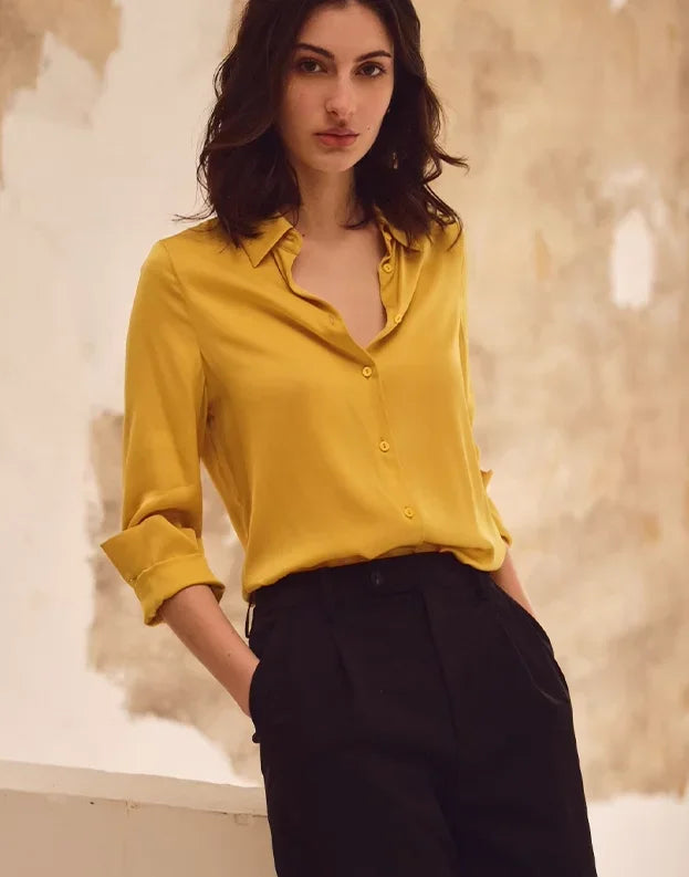 Satin Solid Long Sleeve Polo Neck Blouse