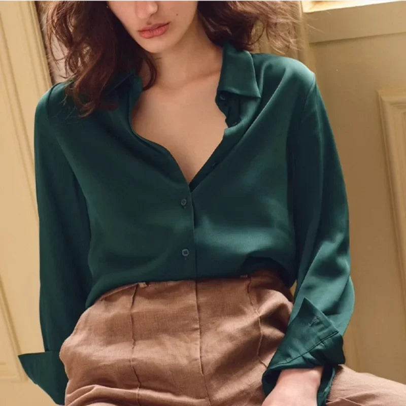 Satin Solid Long Sleeve Polo Neck Blouse